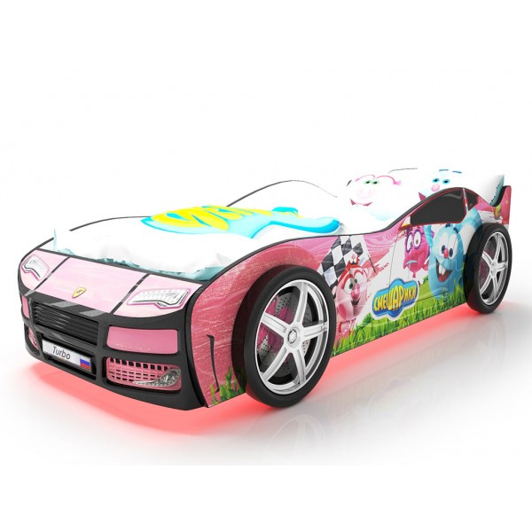 Детская кровать машина Турбо смешарики розовая