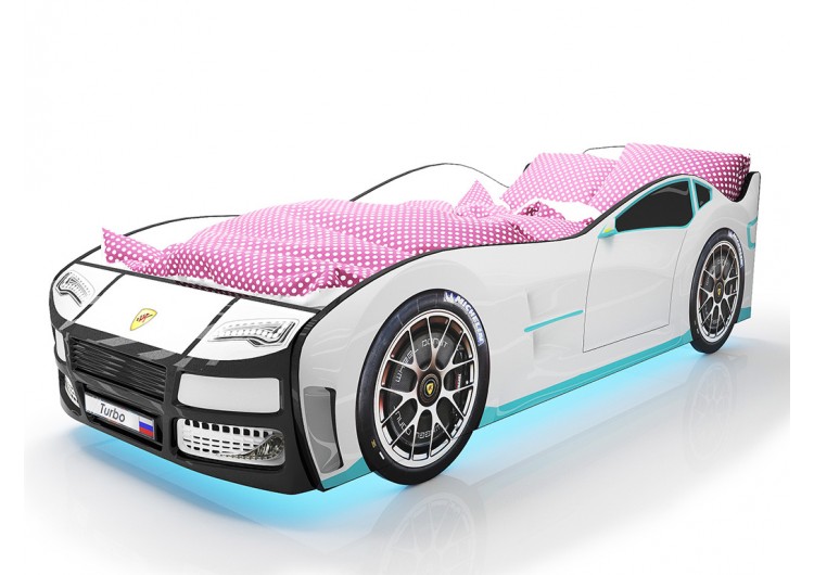 Детская кровать машина Турбо Белая с подъемным матрасом