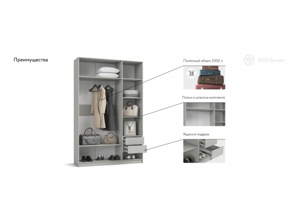 Шкаф BOSS STANDART 150 - 3Д Шиншилла серая