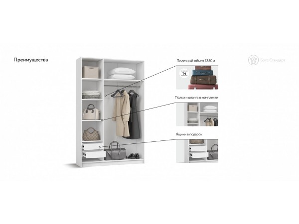 Босс Стандарт 135*220 шкаф распашной 3Д + ящики Белый