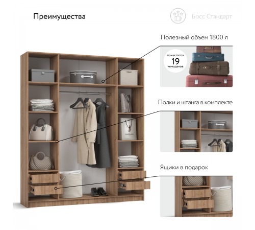 Босс Стандарт 180*220 шкаф распашной 4Д + ящики Орех Селект Босс Стандарт 180*220 шкаф распашной 4Д + ящики Орех Селект