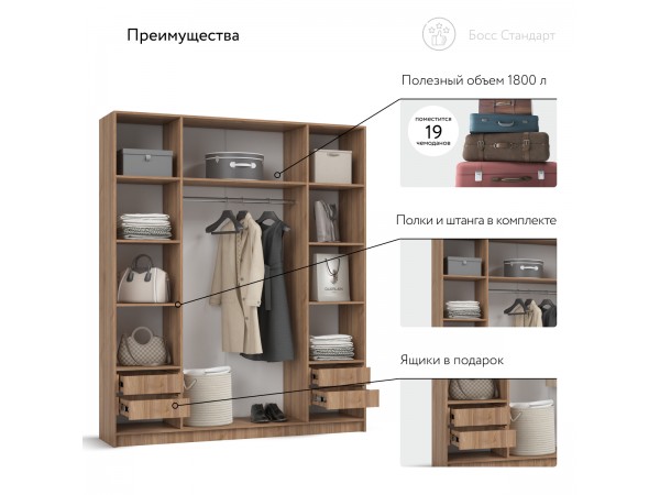 Босс Стандарт 180*220 шкаф распашной 4Д + ящики Орех Селект