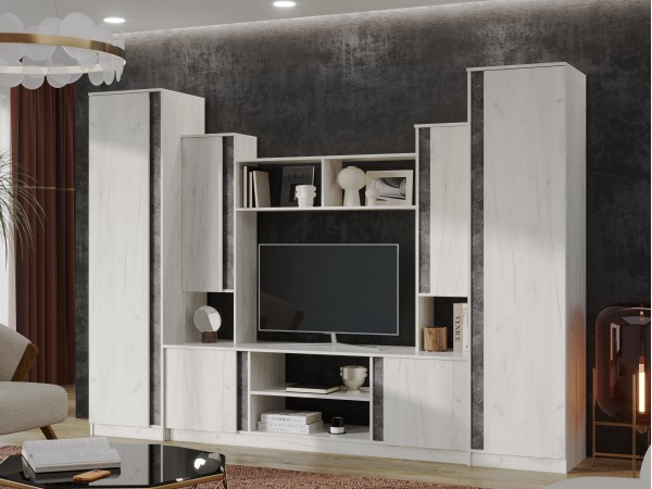 Гостиная Атлантида 5 Дуб Крафт Белый/Бетон Темный, Дуб Крафт Белый