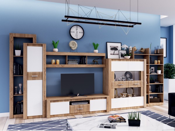 Гостиная Терра Вариант №3 Белый глянец холодный/Дуб Сонома, Дуб Сонома