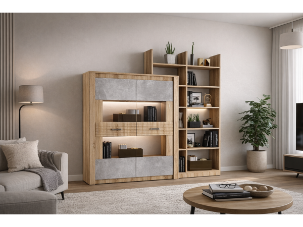 Терра Шкаф для посуды Бетон темный/Дуб сонома, Сонома