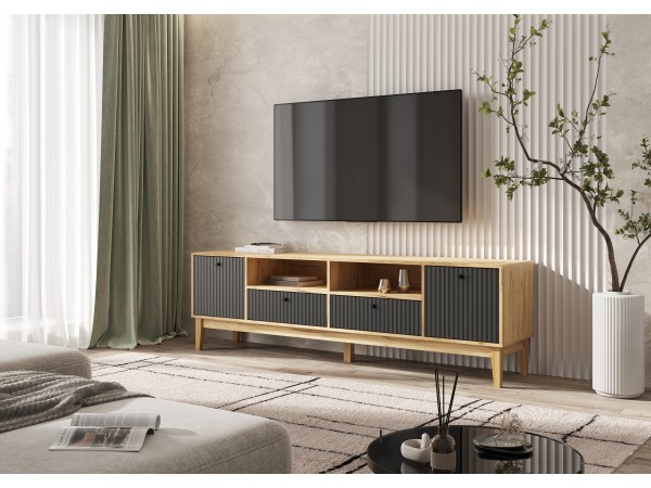 Оливия Тумба ТВ 2 двери 2 ящика Браш Графит, Дуб Крафт