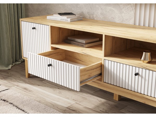 Оливия Тумба ТВ 2 двери 2 ящика Браш Вайт, Дуб Крафт