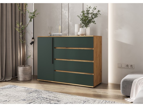 Норд Комод 1 дверь 4 ящика 1200 Изумрудный Кромка Изумруд, Дуб Крафт
