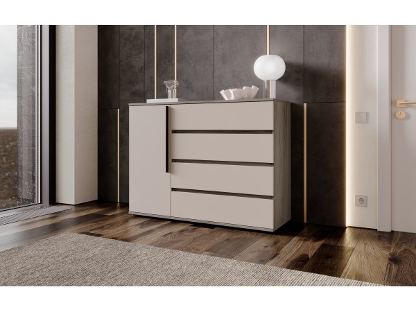 Норд Комод 1 дверь 4 ящика 1200 Кашемир, Дуб Крафт Серый