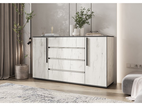 Норд Комод 2 двери 4 ящика 1600 Дуб Крафт Белый, Дуб Крафт Белый