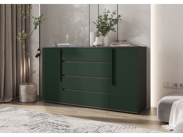 Норд Комод 2 двери 4 ящика 1600 Изумрудный Кромка Графит, Графит