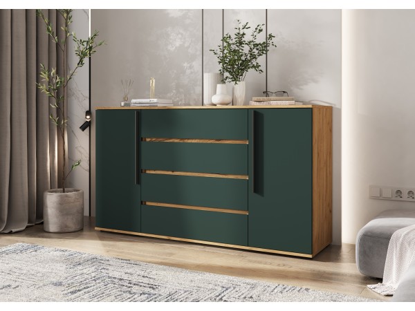 Норд Комод 2 двери 4 ящика 1600 Изумрудный Кромка Изумруд, Дуб Крафт