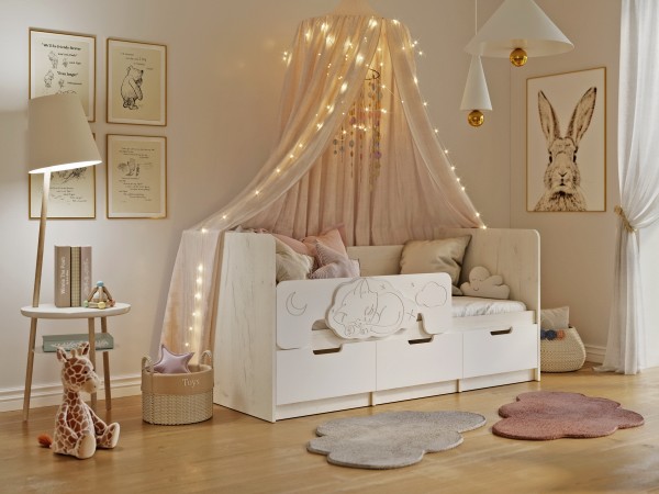 Юниор-4 Кровать 1,6*0,8м Шарли Белый, Дуб Крафт Белый