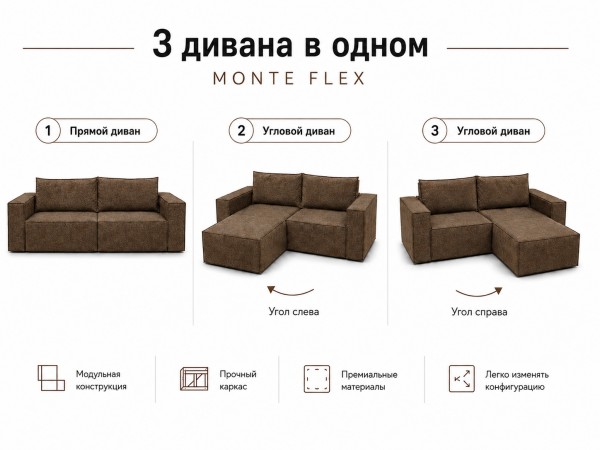 Диван Monte Flex Велюр Коричневый