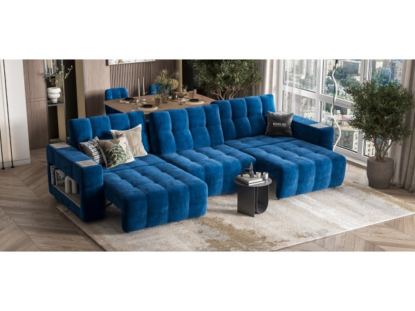 Диван BOSS.XO MAX велюр Monolit синий / WOOD Rock