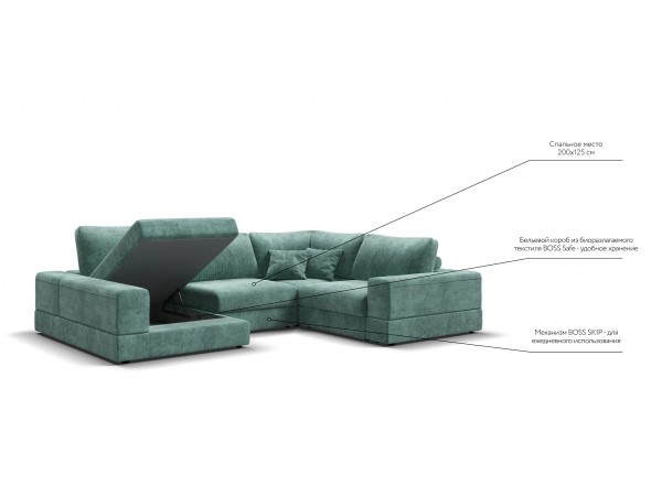 П-образный диван-кровать Босс Модуль правый, мягкие подлокотники, шенилл Глосс минт