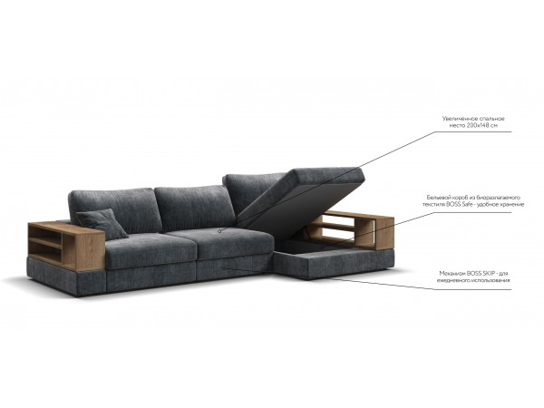 Угловой диван-кровать Босс Модуль XL правый, две полки, шенилл Глосс карбон