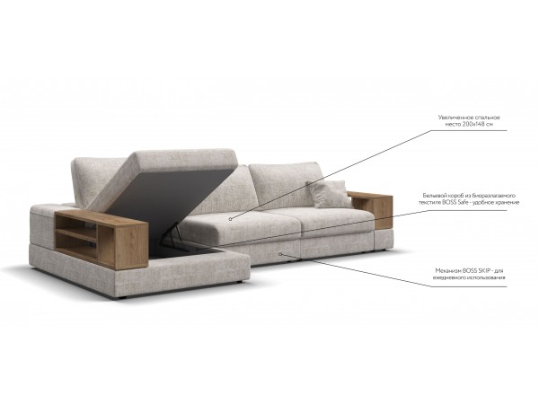 Угловой диван-кровать Босс Модуль XL левый, две полки, шенилл Смарт кварц