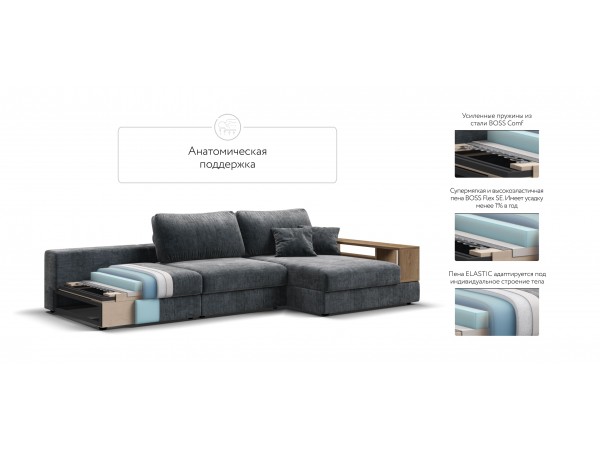 Угловой диван-кровать Босс Модуль XL правый, две полки, шенилл Глосс карбон