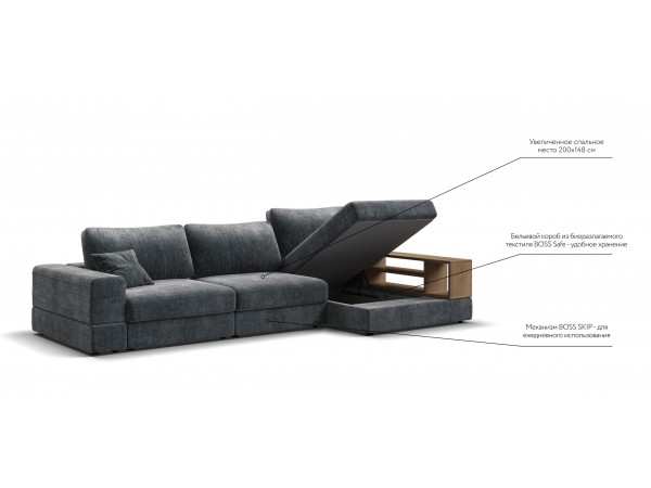 Угловой диван-кровать Босс Модуль XL правый, полка справа, шенилл Глосс карбон