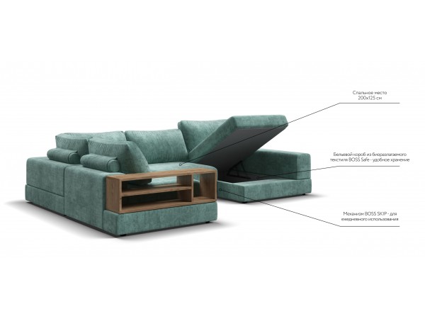 П-образный диван-кровать Босс Модуль левый, полка слева, шенилл Глосс минт