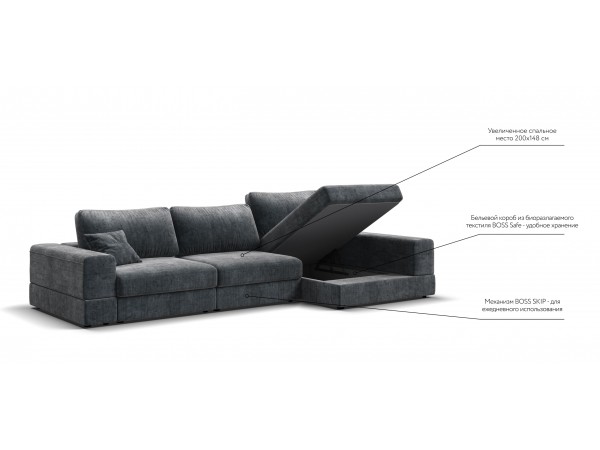 Угловой диван-кровать Босс Модуль XL правый, мягкие подлокотники, шенилл Глосс карбон
