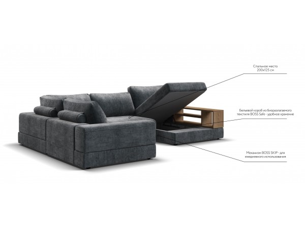 П-образный диван-кровать Босс Модуль левый, полка справа, шенилл Глосс карбон