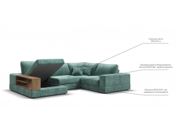 П-образный диван-кровать Босс Модуль правый, полка слева, шенилл Глосс минт