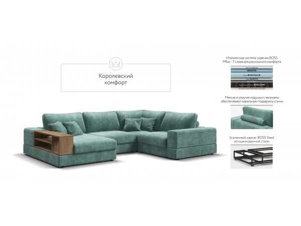П-образный диван-кровать Босс Модуль правый, полка слева, шенилл Глосс минт