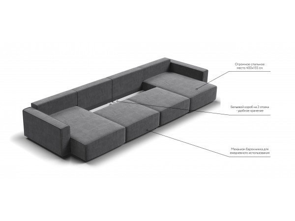 П-образный диван Босс Софт Модуль Велюр Монолит серый