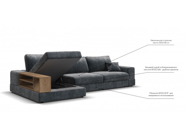 Угловой диван-кровать Босс Модуль XL левый, полка слева, шенилл Глосс карбон