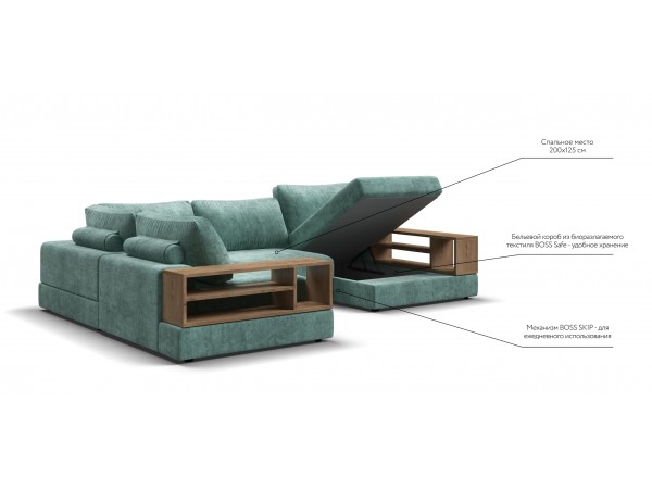 П-образный диван-кровать Босс Модуль левый, две полки, шенилл Глосс минт