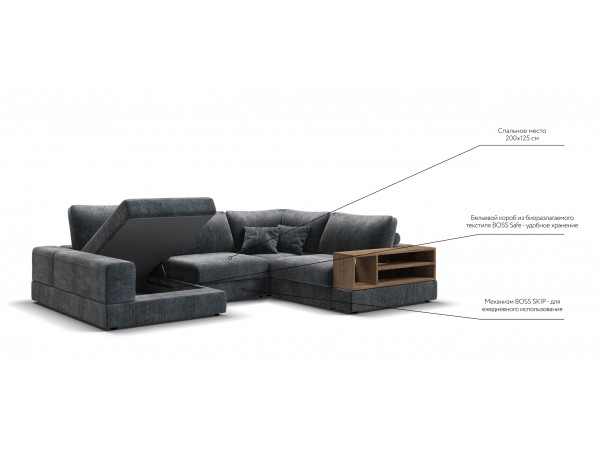 П-образный диван-кровать Босс Модуль правый, полка справа, шенилл Глосс карбон