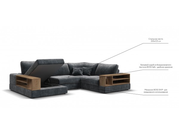 П-образный диван-кровать Босс Модуль правый, две полки, шенилл Глосс карбон
