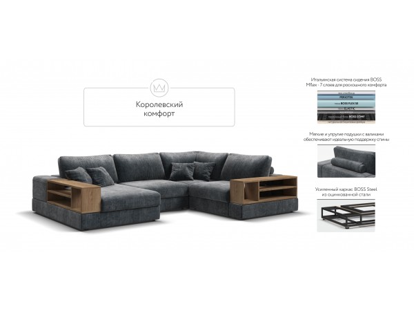 П-образный диван-кровать Босс Модуль правый, две полки, шенилл Глосс карбон