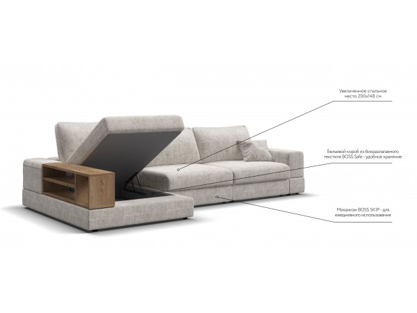 Угловой диван-кровать Босс Модуль XL левый, полка слева, Шенилл Смарт кварц