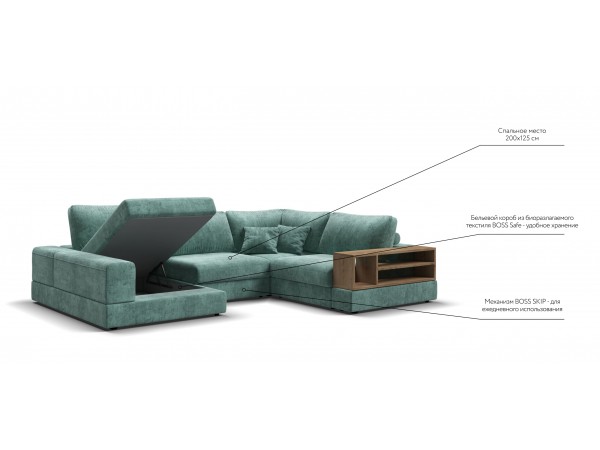 П-образный диван-кровать Босс Модуль правый, полка справа, шенилл Глосс минт