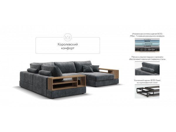 П-образный диван-кровать Босс Модуль левый, две полки, шенилл Глосс карбон