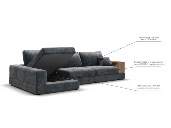 Угловой диван-кровать Босс Модуль XL левый, полка справа, шенилл Глосс карбон