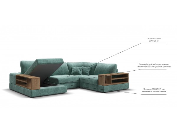 П-образный диван-кровать Босс Модуль правый, две полки, шенилл Глосс минт