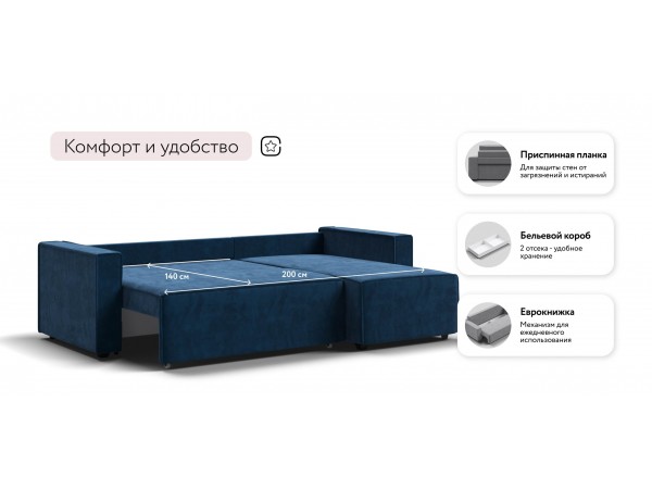Угловой диван Лофт велюр Монолит синий
