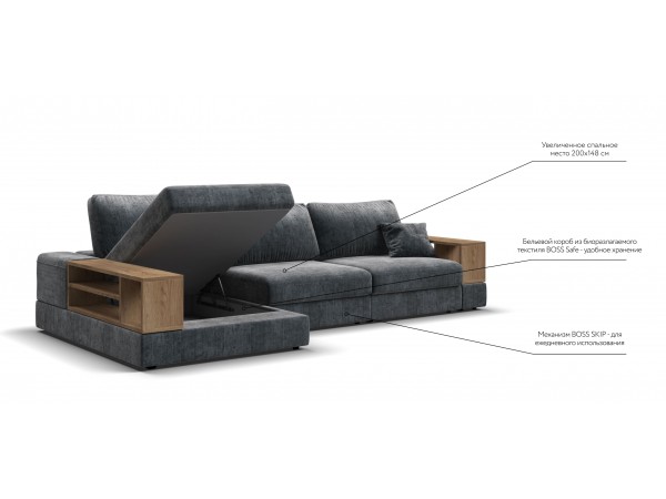 Угловой диван-кровать Босс Модуль XL левый, две полки, шенилл Глосс карбон