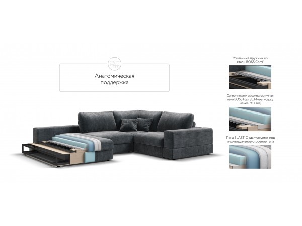 П-образный диван-кровать Босс Модуль левый, полка слева, шенилл Глосс карбон