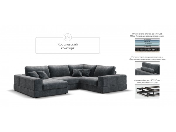 П-образный диван-кровать Босс Модуль правый, мягкие подлокотники, шенилл Глосс карбон