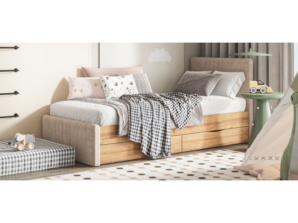 Лофт Мини Кровать 90*200 Орех селект, Велюр Монолит латте