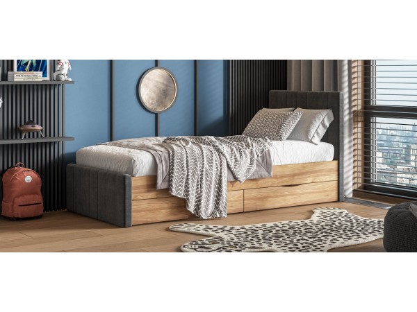 Лофт Мини Кровать 90*200 Орех селект, Велюр Монолит серый