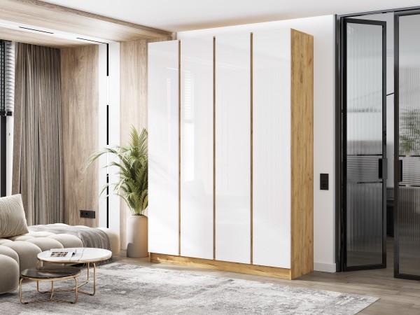 Келвин Шкаф 4-створчатый 1600 Белый Глянец, Дуб Крафт вставка крафт