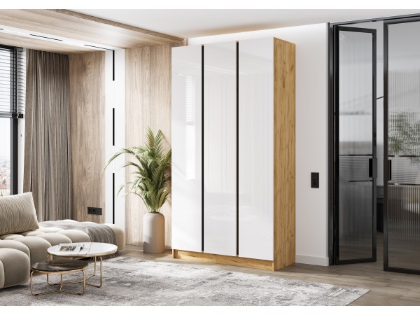 Келвин Шкаф 3-створчатый 1200 Белый Глянец, Дуб Крафт вставка чёрная