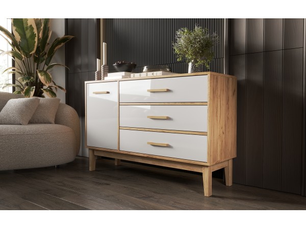 Кельн Комод 1 дверь 3 ящика 1200 Белый Глянец, Дуб Крафт