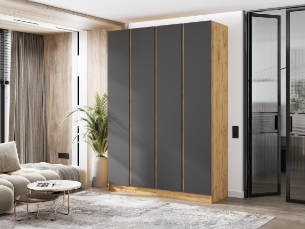 Келвин Шкаф 4-створчатый 1600 Графит, Дуб Крафт вставка крафт